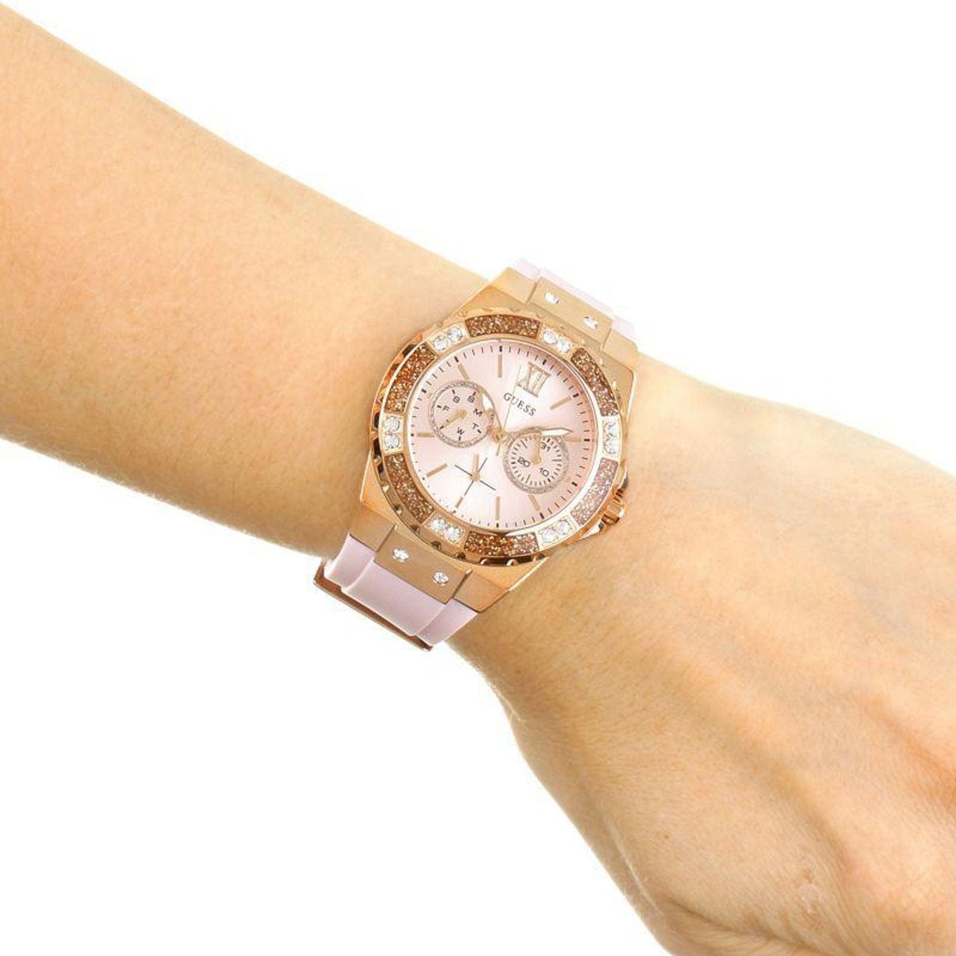 Guess Rose Gold Dial with Diamonds Pink Rubber Strap Watch For Women - W1053L3