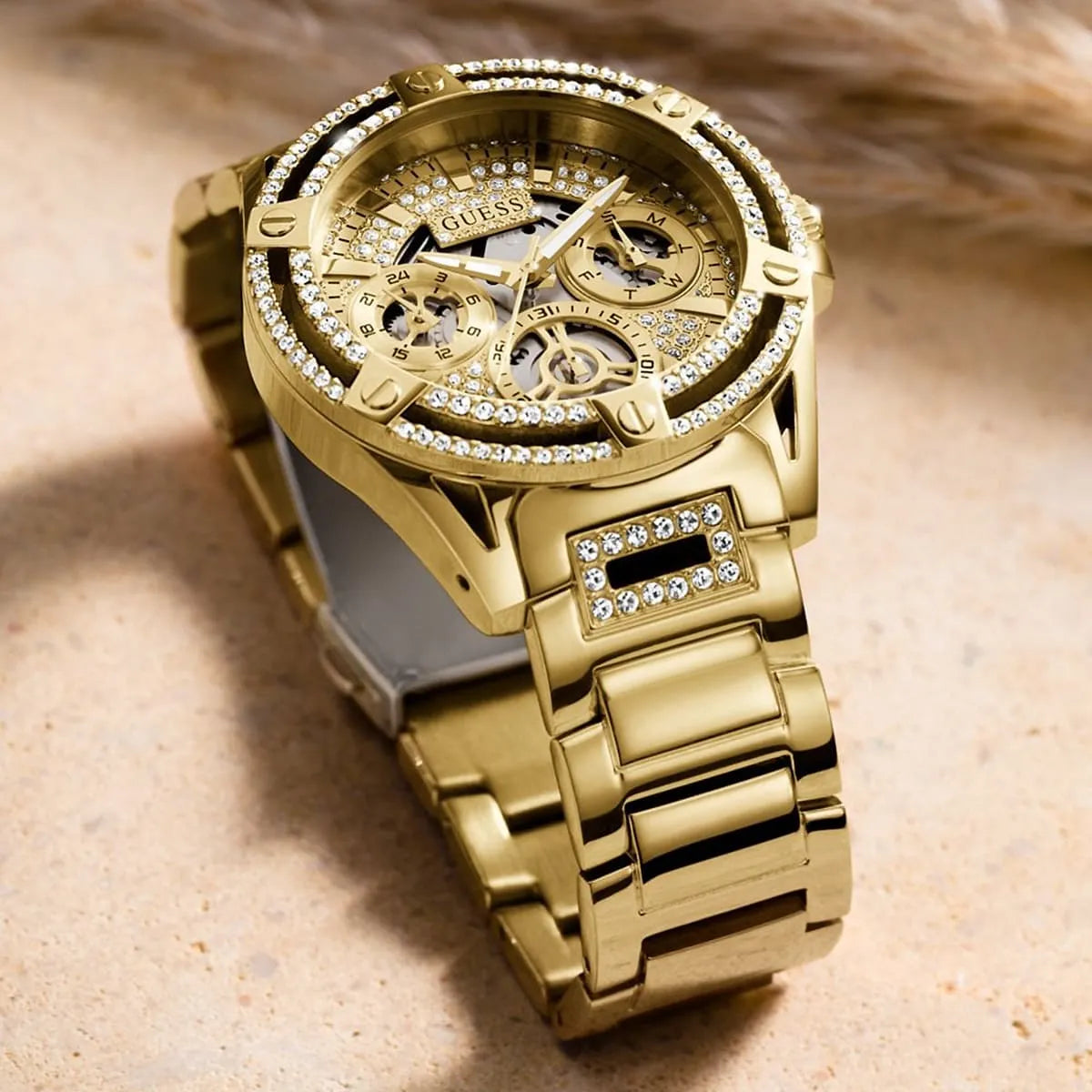 Guess Queen Quartz Gold Dial Gold Steel Strap Watch For Women - GW0464L2