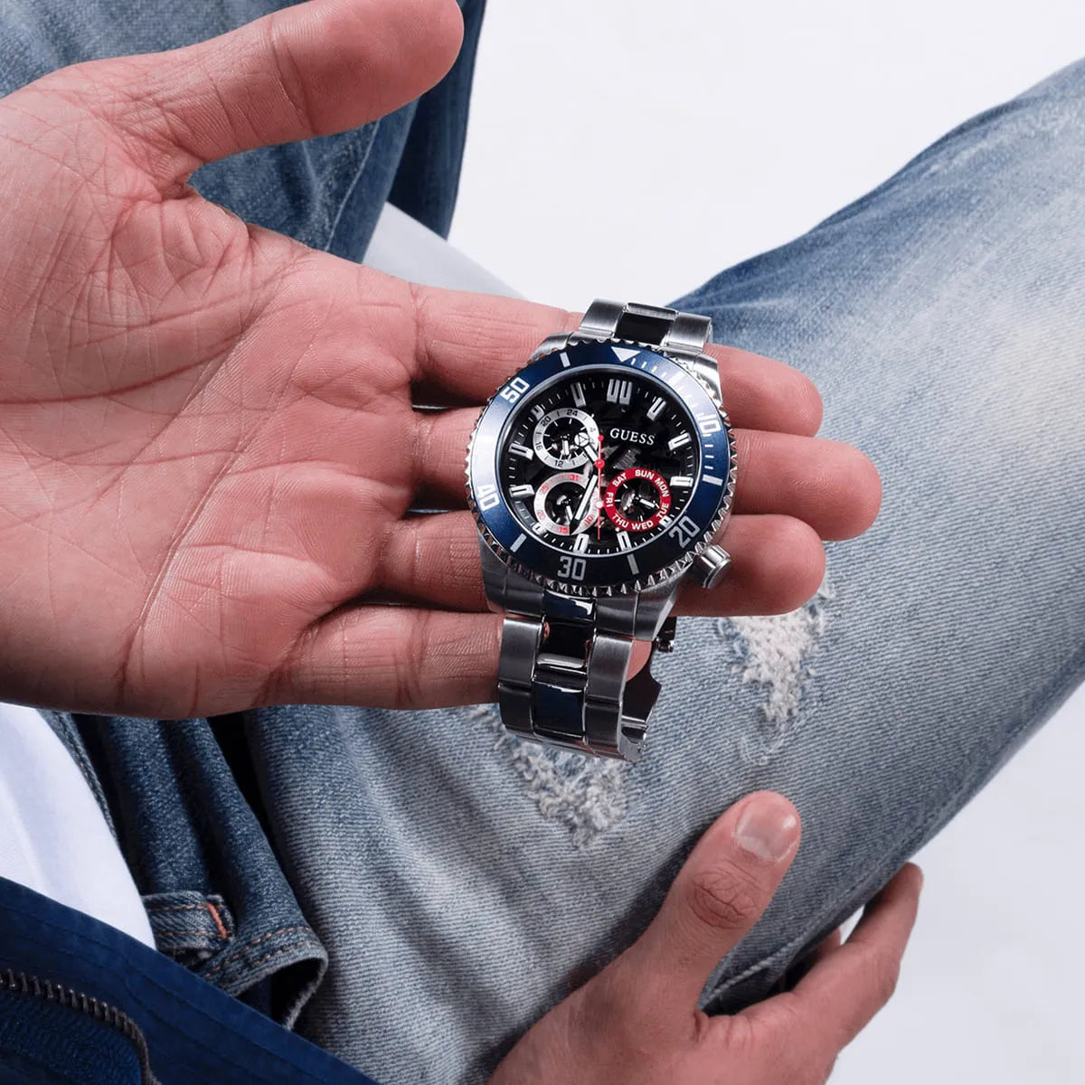 Guess Axle Multifunction Black Dial Silver Steel Strap Watch For Men - GW0488G1