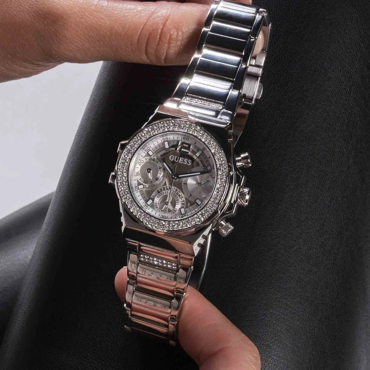 Guess Fusion Chronograph Crystals Silver Dial Silver Steel Strap Watch For Women - GW0552L1
