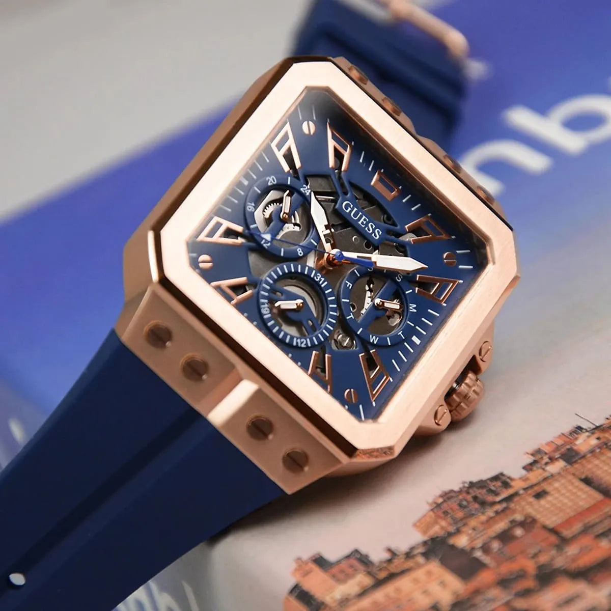 Guess Leo Chronograph Blue Dial Blue Silicone Strap Watch For Men - GW0637G3