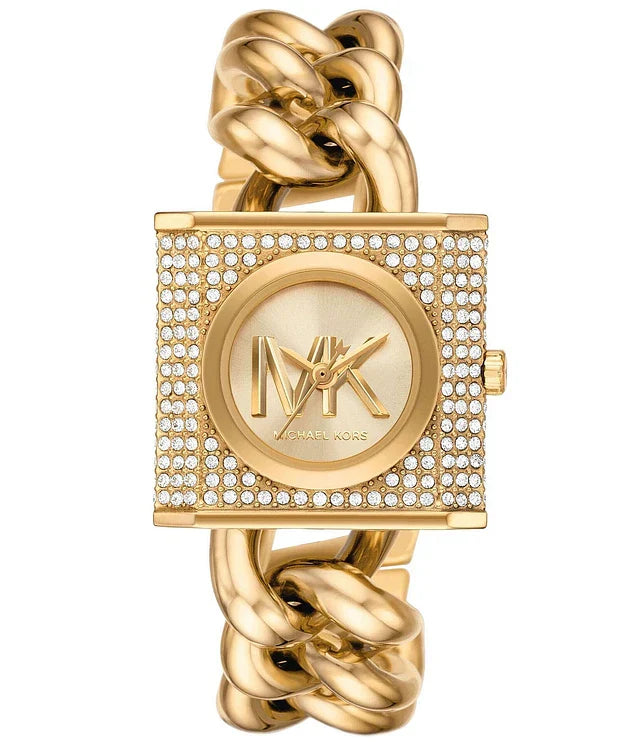 Michael Kors Chain Lock Analog Crystals Silver Dial Gold Steel Strap Watch for Women - MK4809