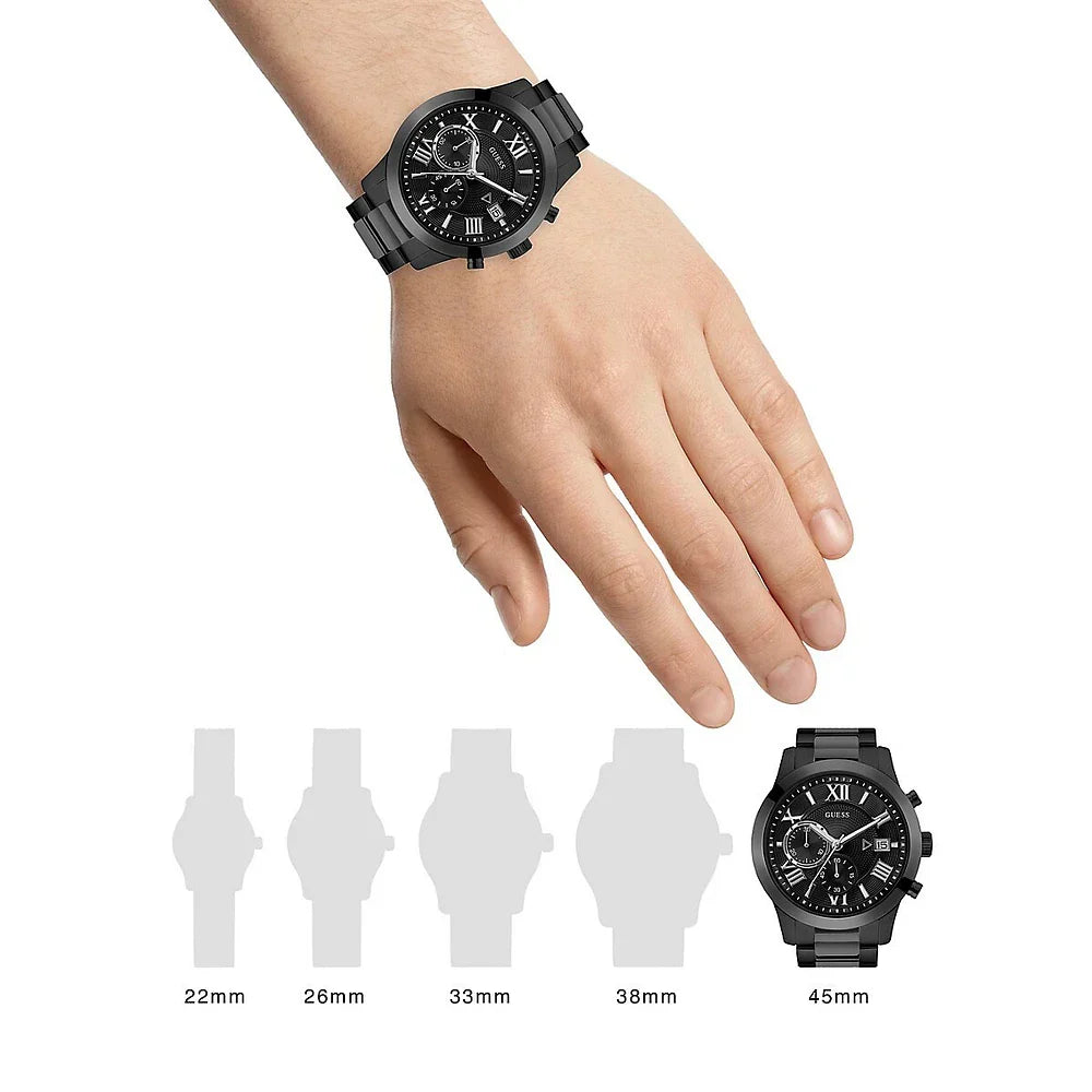Guess Atlas Chronograph Black Dial Black Steel Strap Watch For Men - W0668G5