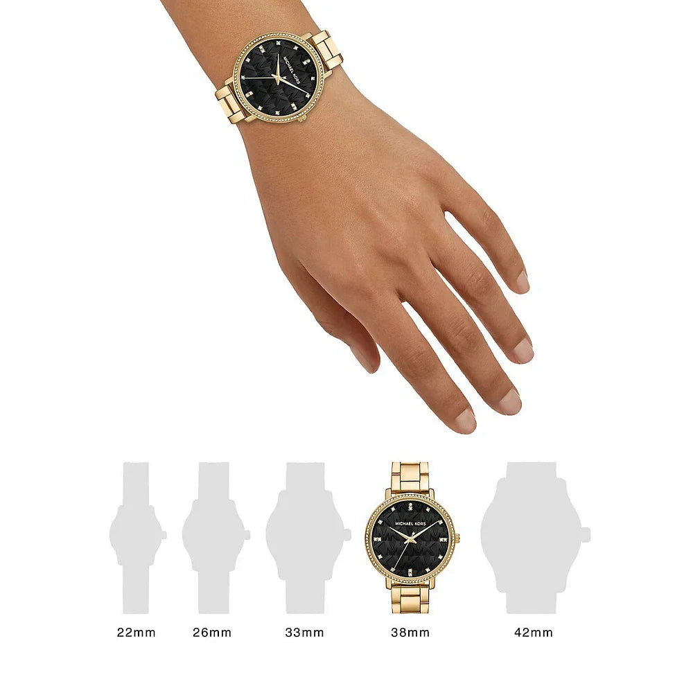 Michael Kors Pyper Three-Hand Black Dial Gold Steel Strap Watch For Women - MK4593