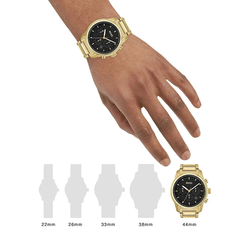 Hugo Boss Trace Chronograph Black Dial Gold Steel Strap Watch For Men - 1514006
