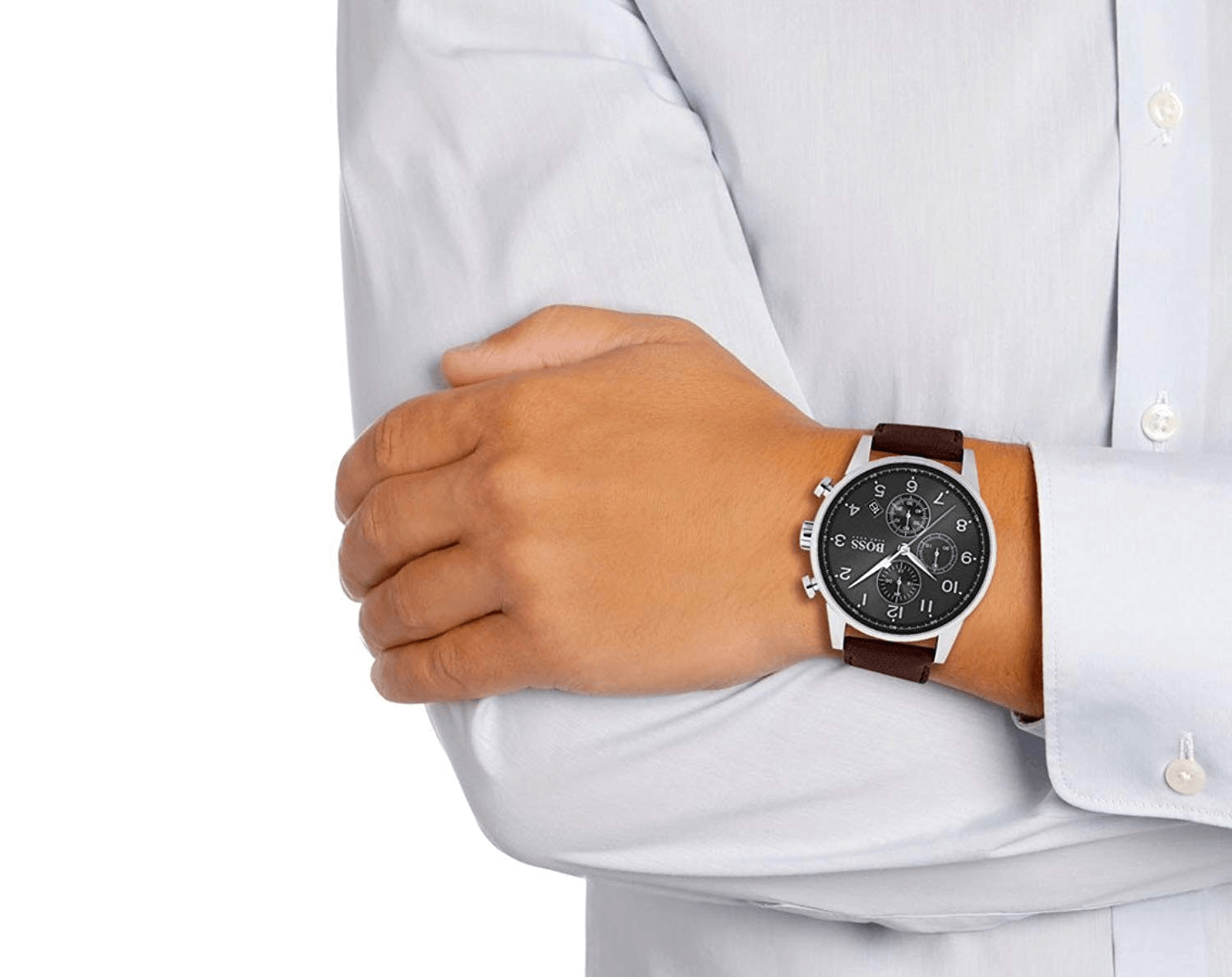 Hugo Boss Navigator Grey Dial Brown Leather Strap Watch for Men - 1513494