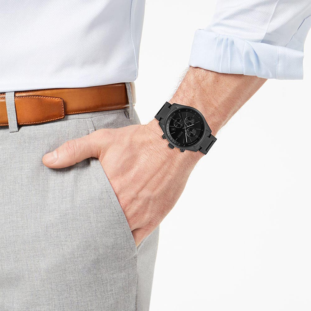 Hugo Boss Grand Prix Black Dial Black Steel Strap Watch for Men - 1513676