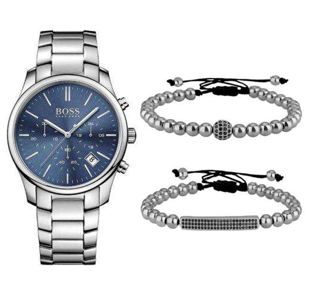 Hugo Boss Commander Blue Dial Silver Steel Strap Watch for Men - 1513434