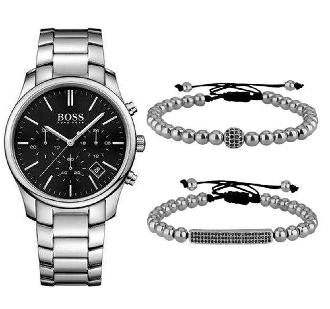 Hugo Boss Commander Black Dial Silver Steel Strap Watch for Men - 1513433