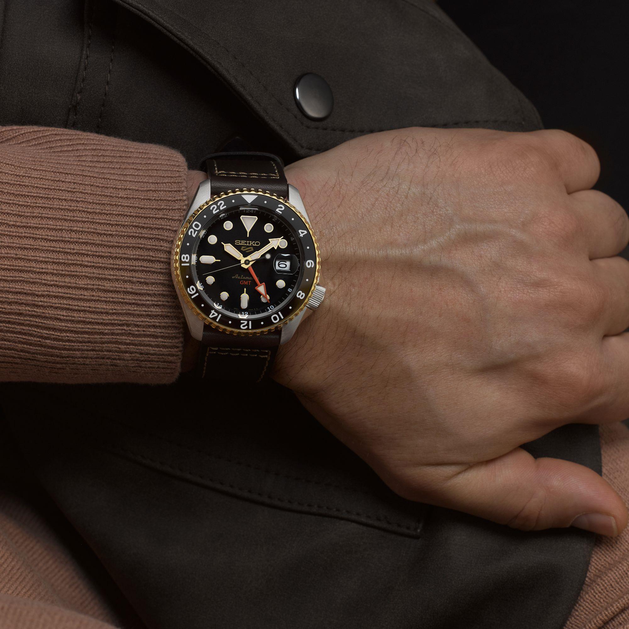 Seiko 5 Sports SKX GMT Automatic Mocha Black Dial Brown Leather Strap Watch For Men - SSK036K1