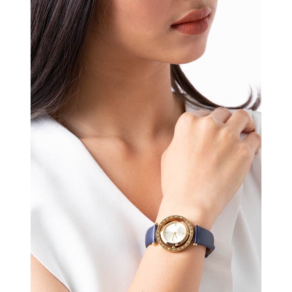 Michael Kors Averi Gold Dial Navy Blue Leather Strap Watch for Women - MK2526