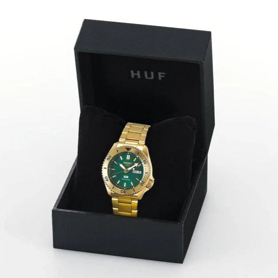 Seiko 5 Sports HUF Limited Edition Green Dial Gold Steel Strap Watch For Men - SRPJ20
