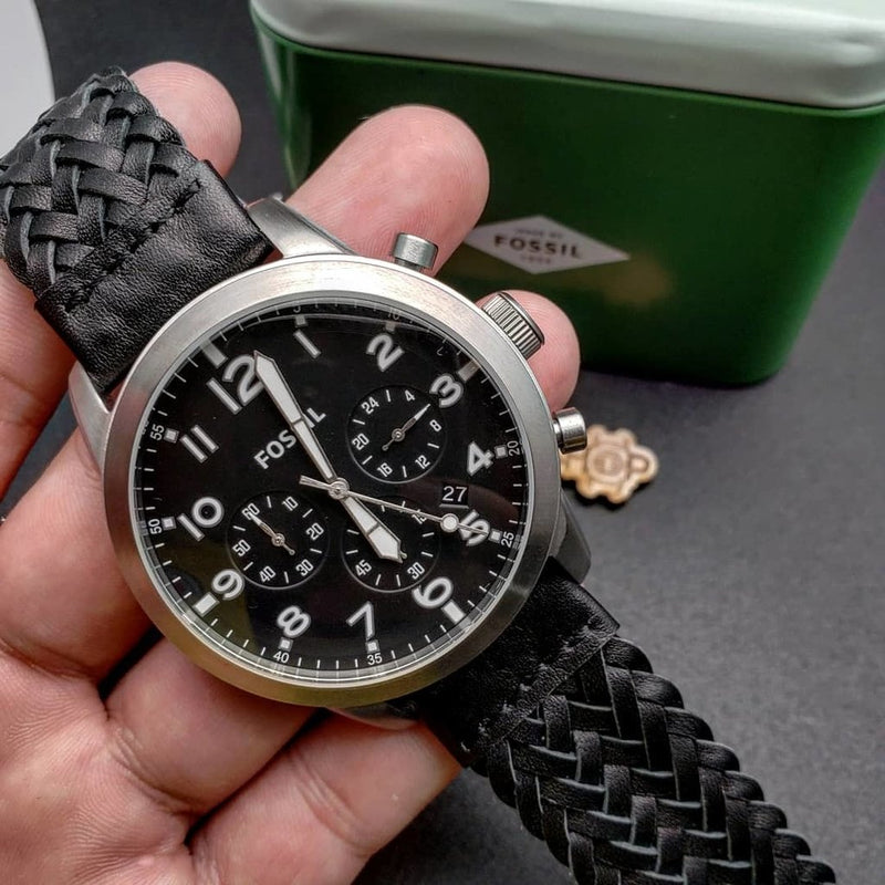 Fossil Pilot 54 Chronograph Black Dial Black Leather Strap Watch for Men - FS5181
