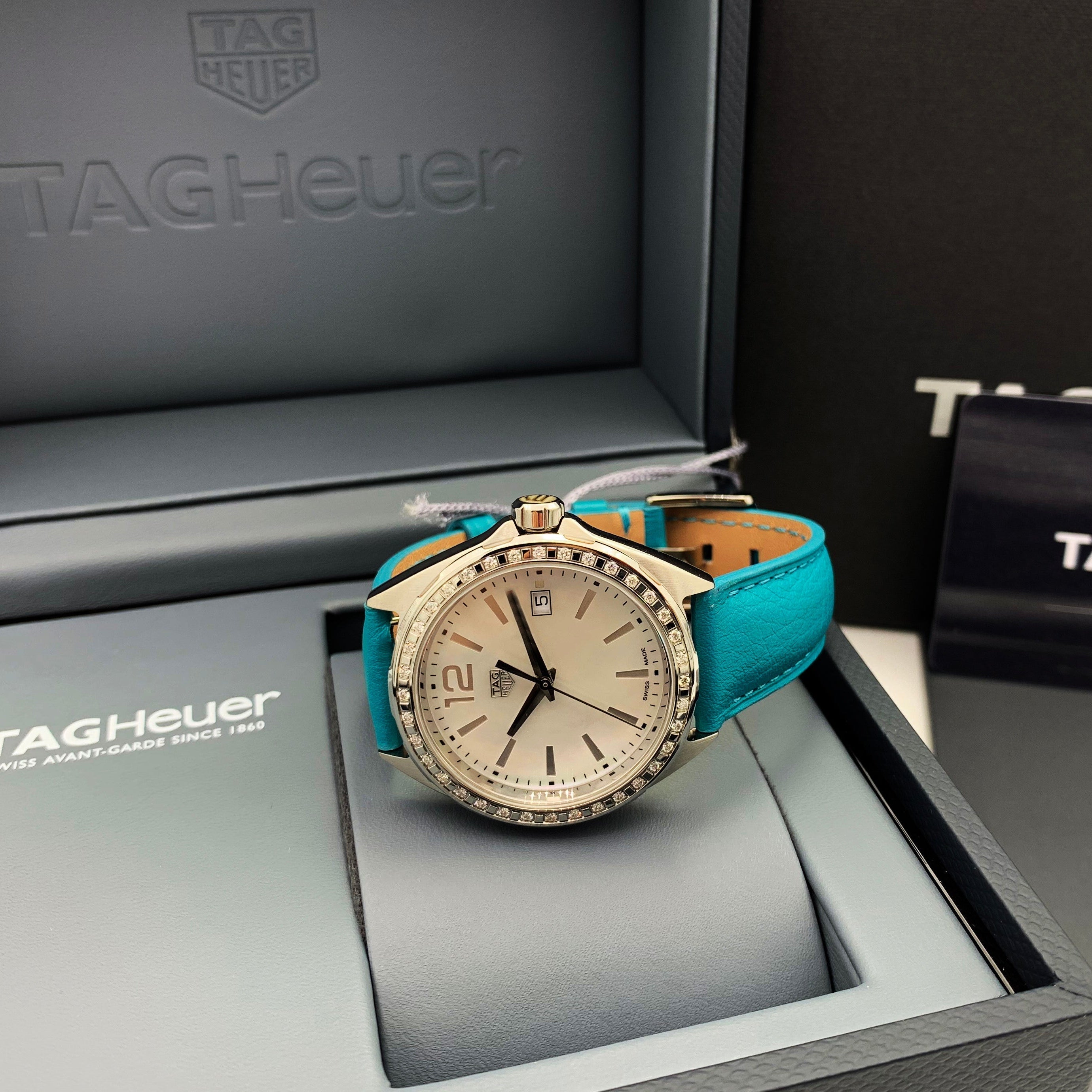 Tag Heuer Formula 1 Quartz Diamonds Mother of Pearl Dial Blue Leather Strap Watch for Women - WBJ131A.FC8256