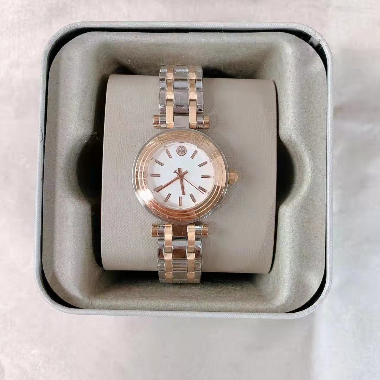 Tory Burch Classic T White Dial Two Tone Steel Strap Watch for Women - TBW9011
