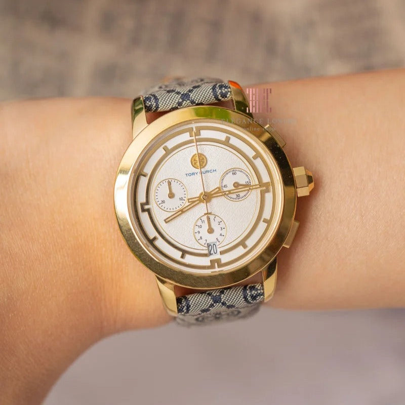 Tory Burch Classic Chronograph White Dial Grey Nylon Strap Watch for Women - TBW1035