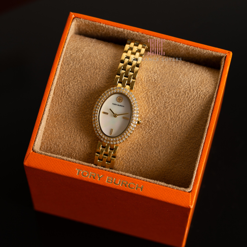 Tory Burch Oval Mother of Pearl Dial Gold Steel Strap Watch for Women - TBW6034