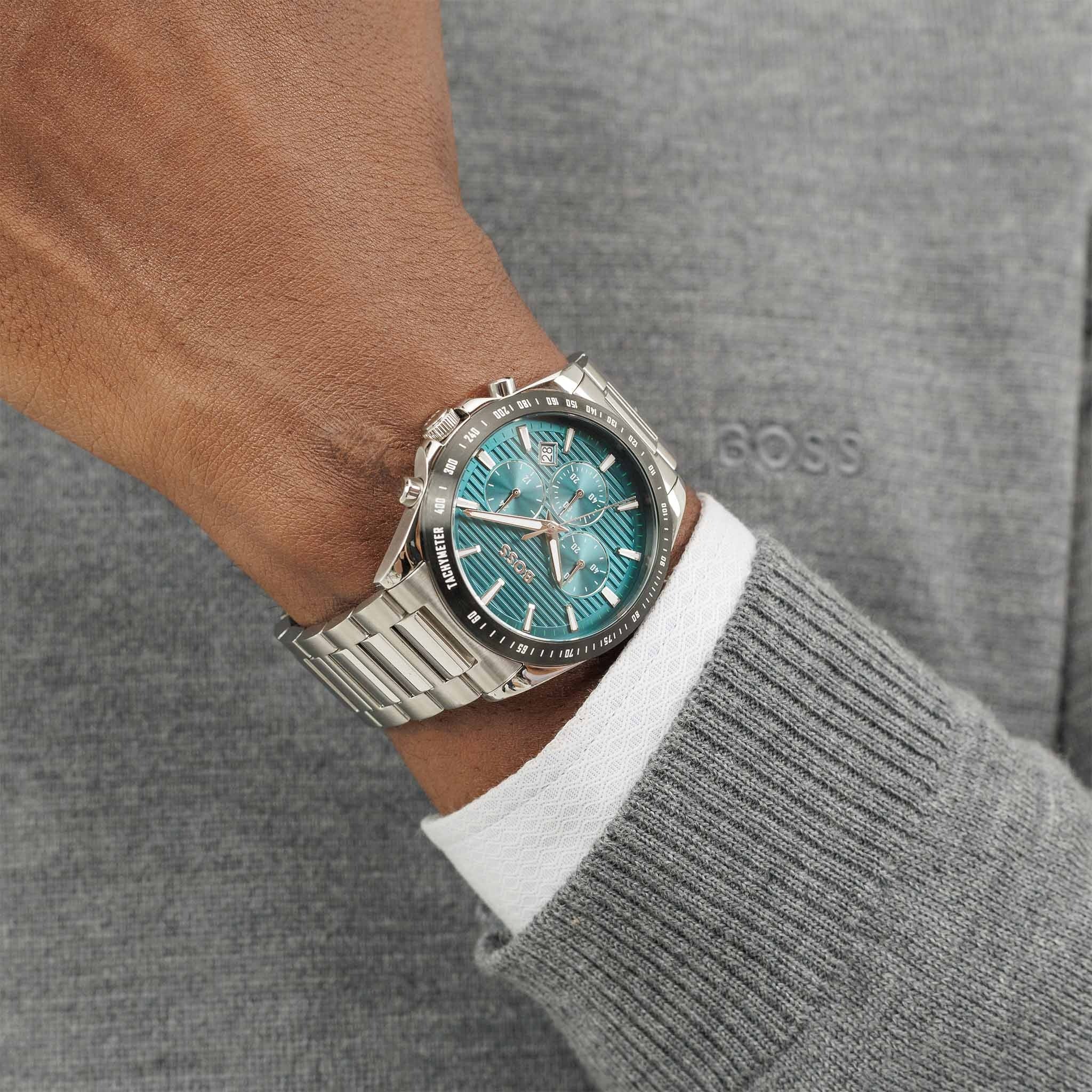Hugo Boss Strike Chronograph Green Dial Silver Steel Strap Watch for Men - 1514241