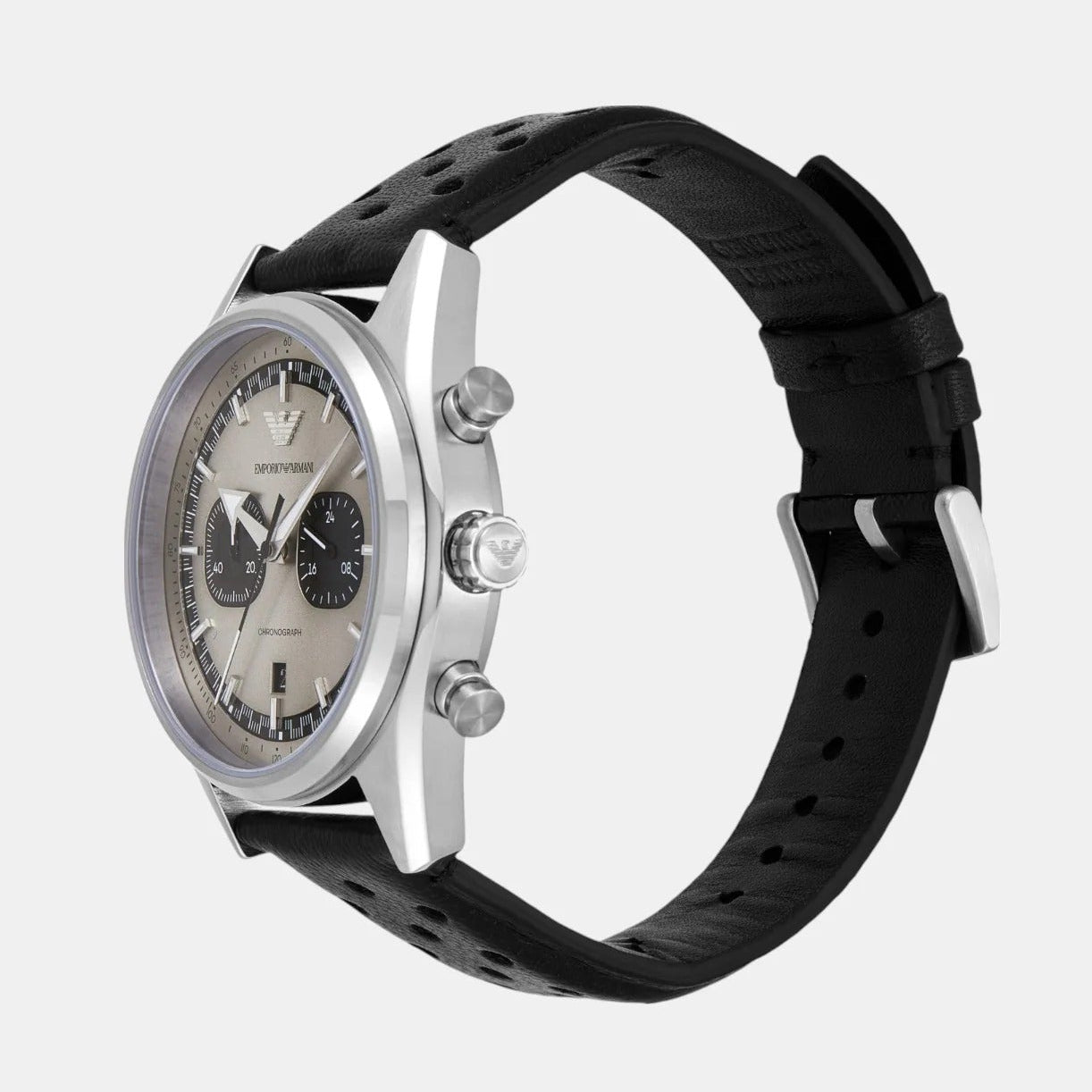 Emporio Armani Racer Chronograph Silver Dial Black Leather Strap Watch for Men - AR11677