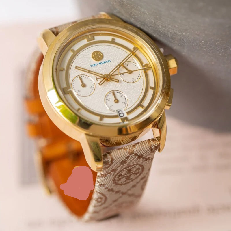 Tory Burch The Tory Chronograph White Dial Maroon Jacquard Strap Watch for Women - TBW1050