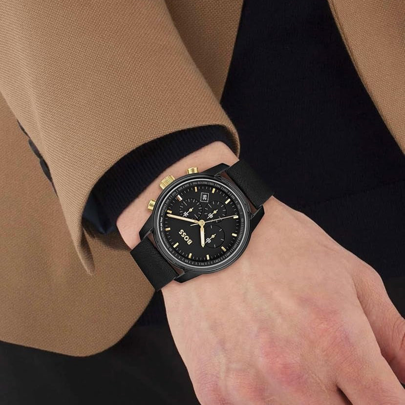 Hugo Boss Trace Chronograph Black Dial Black Leather Strap Watch for Men - 1514003