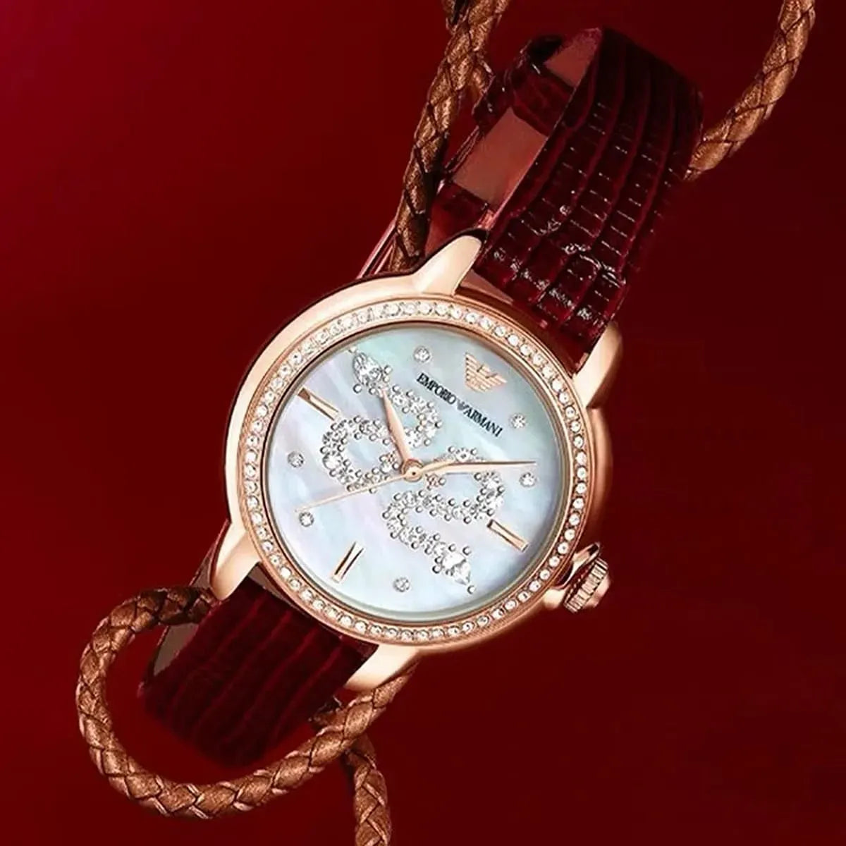 Emporio Armani Mia Mother of Pearl Dial Red Leather Strap Watch for Women - AR11646
