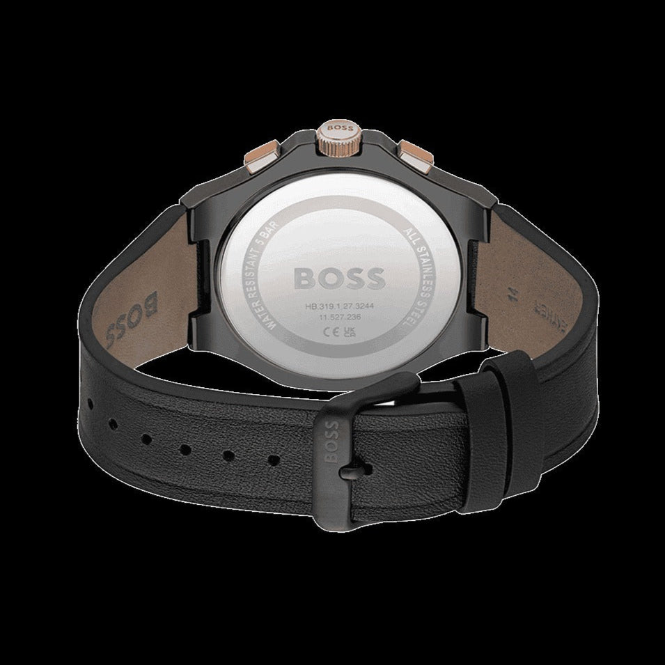 Hugo Boss Taper Chronograph Black Dial Black Leather Strap Watch for Men - 1514089