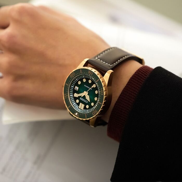 Citizen Mechanical Automatic Green Dial Brown Leather Strap Watch for Men - NJ0173-18X