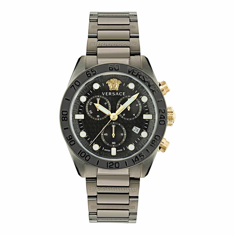 Versace Greca Dome Chronograph Black Dial Grey Steel Strap Watch for Men - VE6K00623