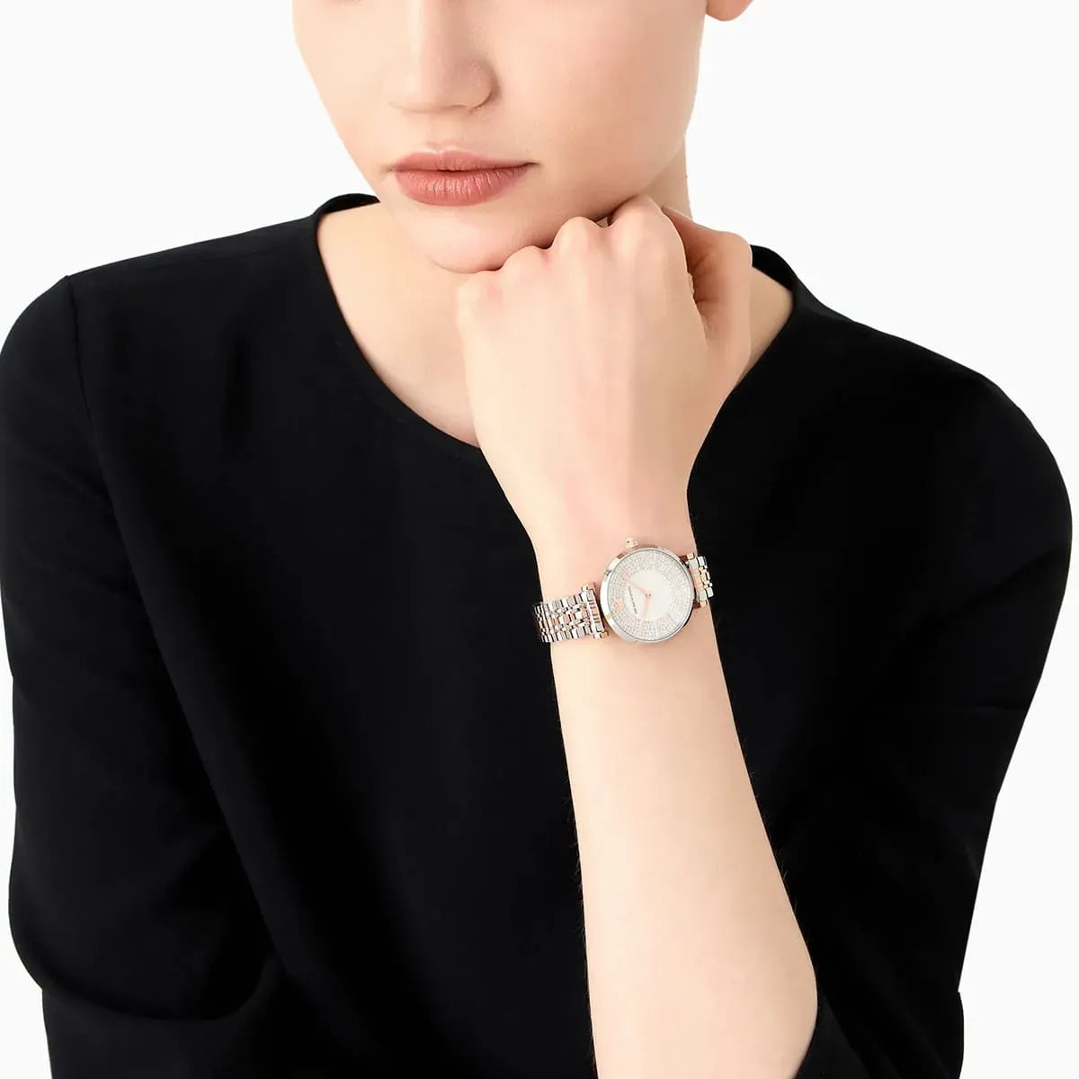 Emporio Armani Gianni T Bar Silver Dial Two Tone Steel Strap Watch for Women - AR11537