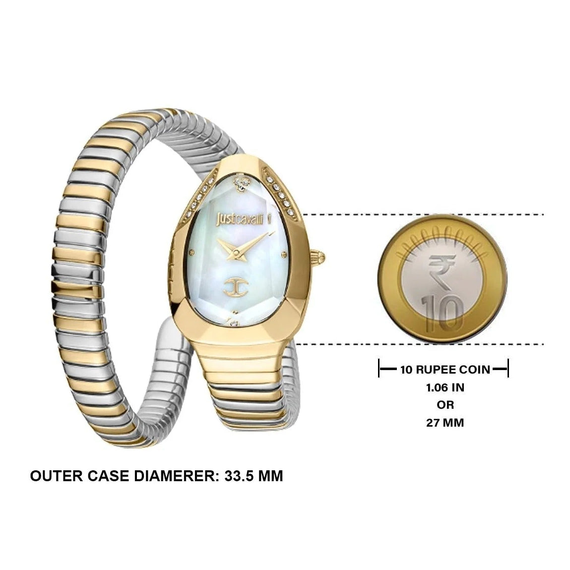 Just Cavalli Serpente Metallica Mother of Pearl Dial Two Tone Steel Strap Watch for Women - JC1L208M0065