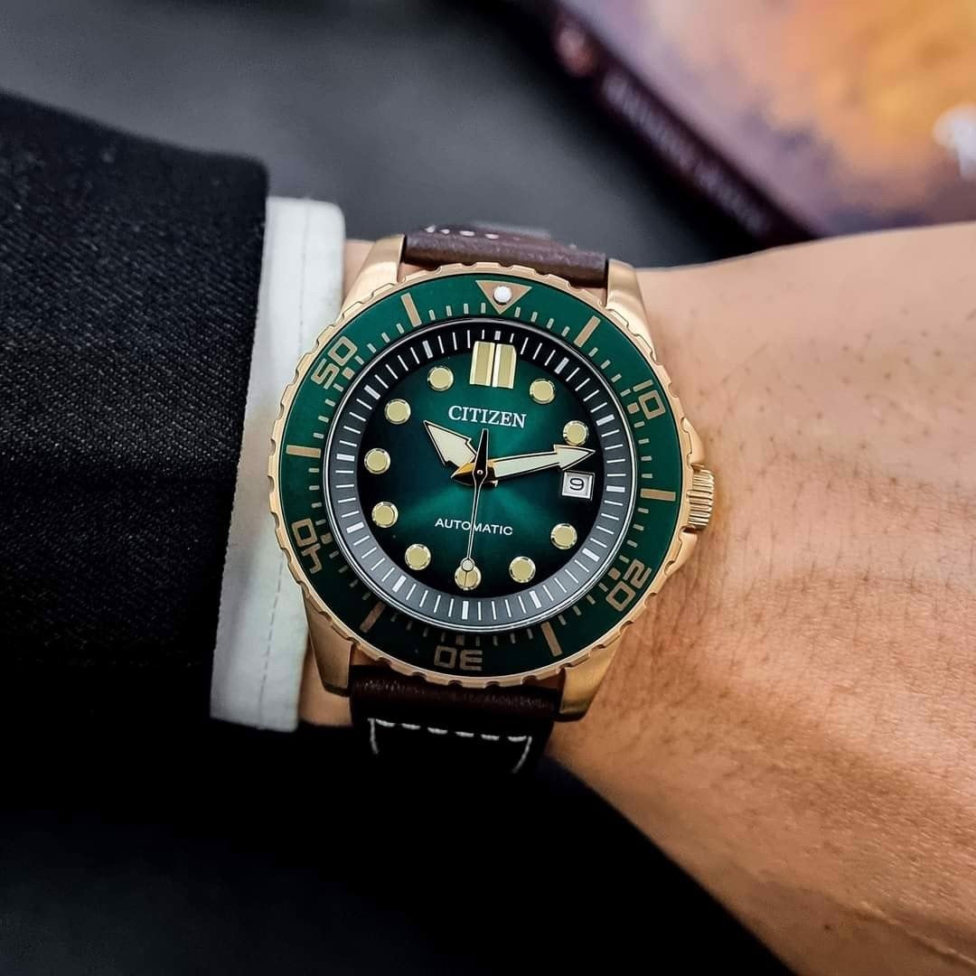 Citizen Mechanical Automatic Green Dial Brown Leather Strap Watch for Men - NJ0173-18X