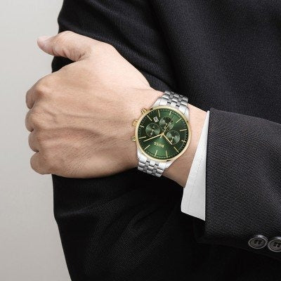 Hugo Boss Avery Chronograph Green Dial Silver Steel Strap Watch for Men - 1514159