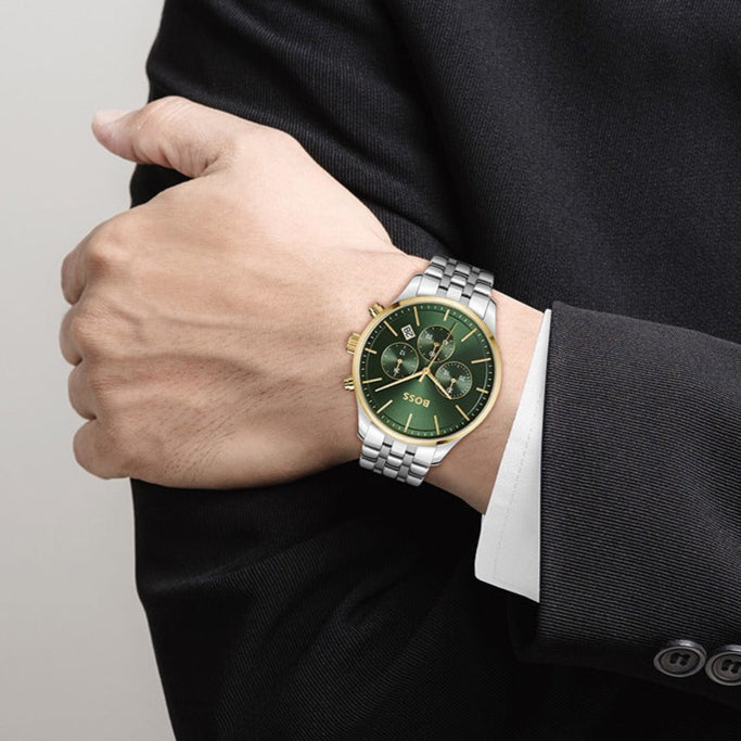 Hugo Boss Avery Chronograph Green Dial Silver Steel Strap Watch for Men - 1514159