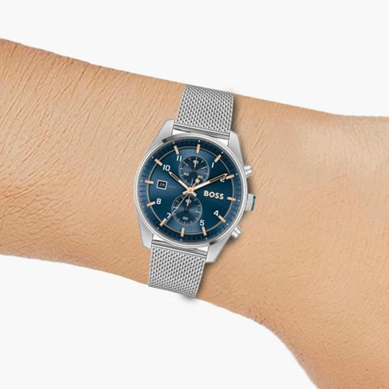 Hugo Boss Skytraveller Chronograph Blue Dial Silver Mesh Strap Watch for Men - 1514149