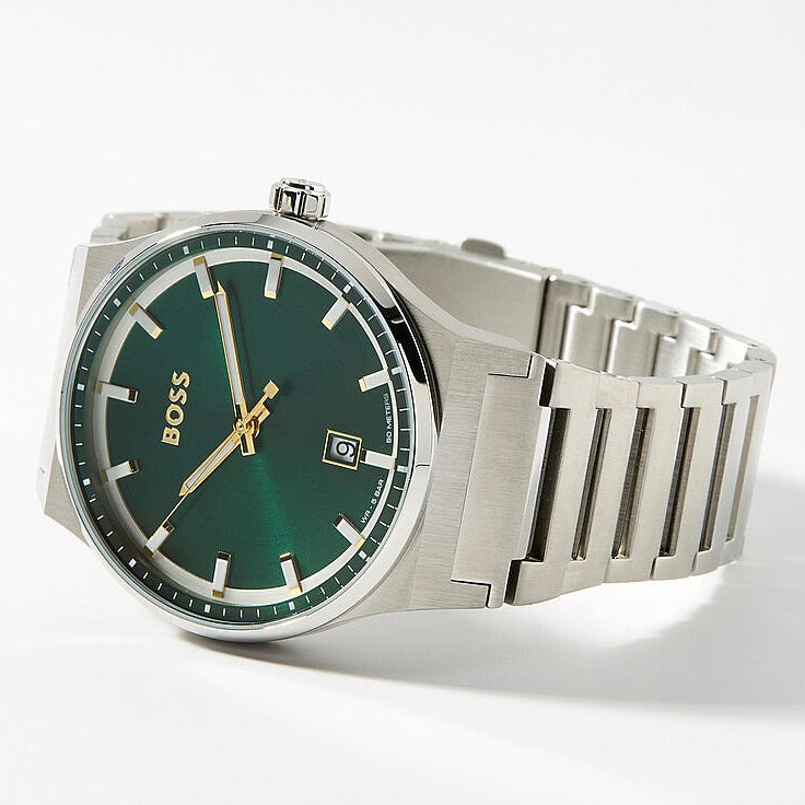 Hugo Boss Candor Green Dial Silver Steel Strap Watch for Men - 1514079
