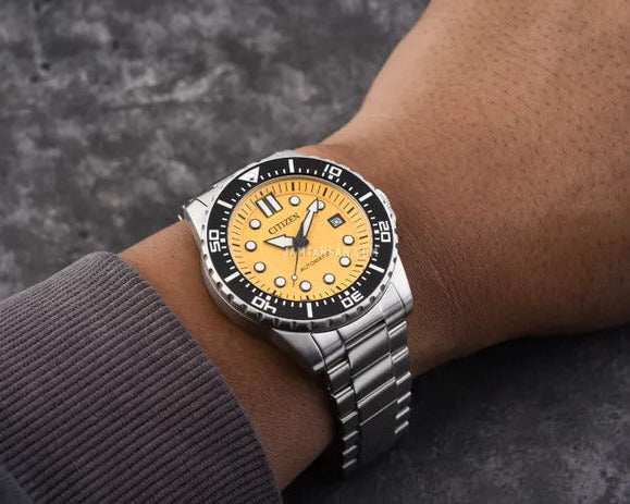 Citizen Mechanical Automatic Yellow Dial Silver Steel Strap Watch for Men - NJ0170-83Z