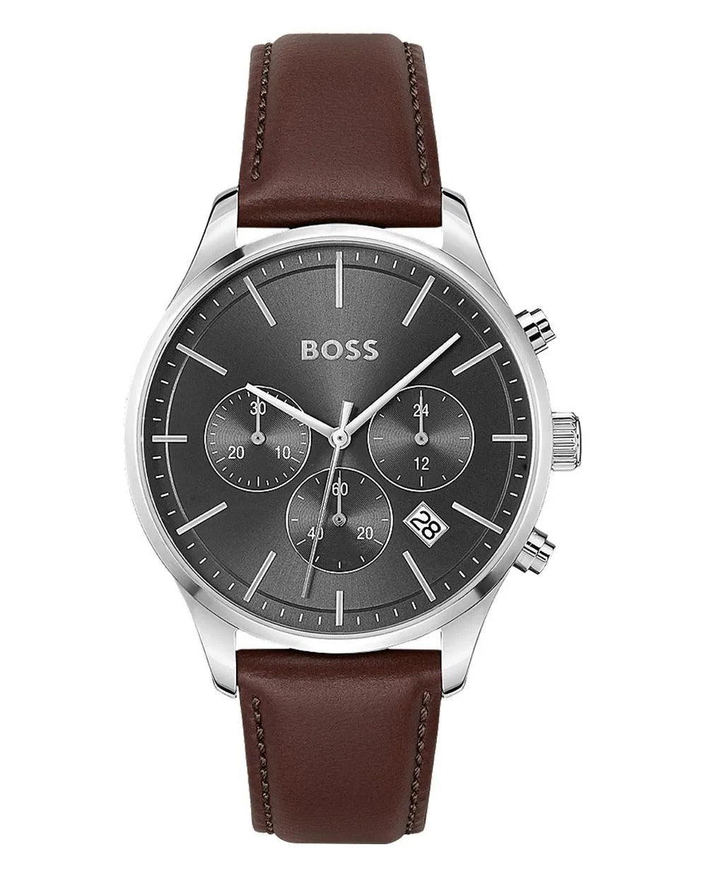 Hugo Boss Avery Chronograph Grey Dial Brown Leather Strap Watch for Men - 1514155