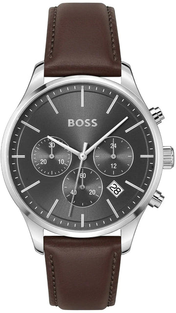 Hugo Boss Avery Chronograph Grey Dial Brown Leather Strap Watch for Men - 1514155