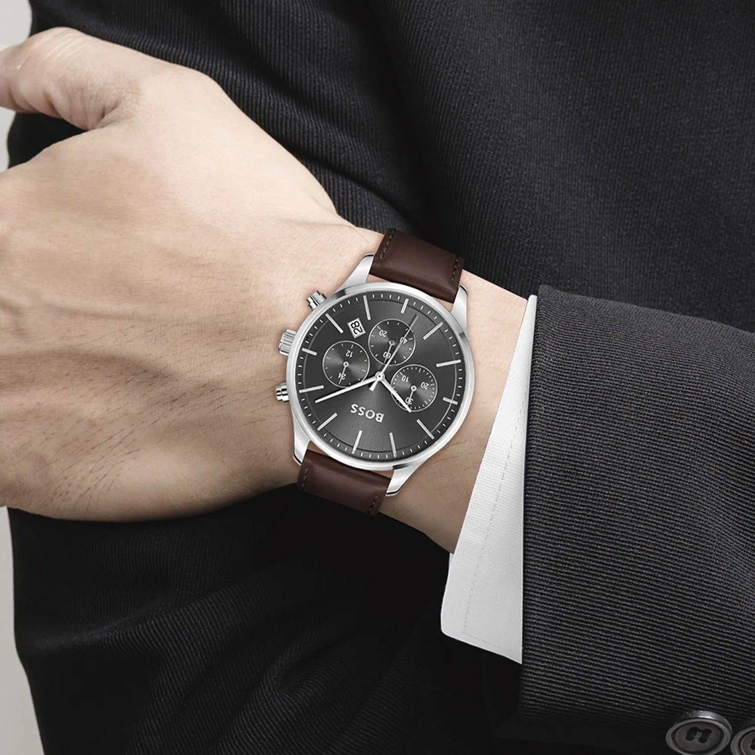 Hugo Boss Avery Chronograph Grey Dial Brown Leather Strap Watch for Men - 1514155