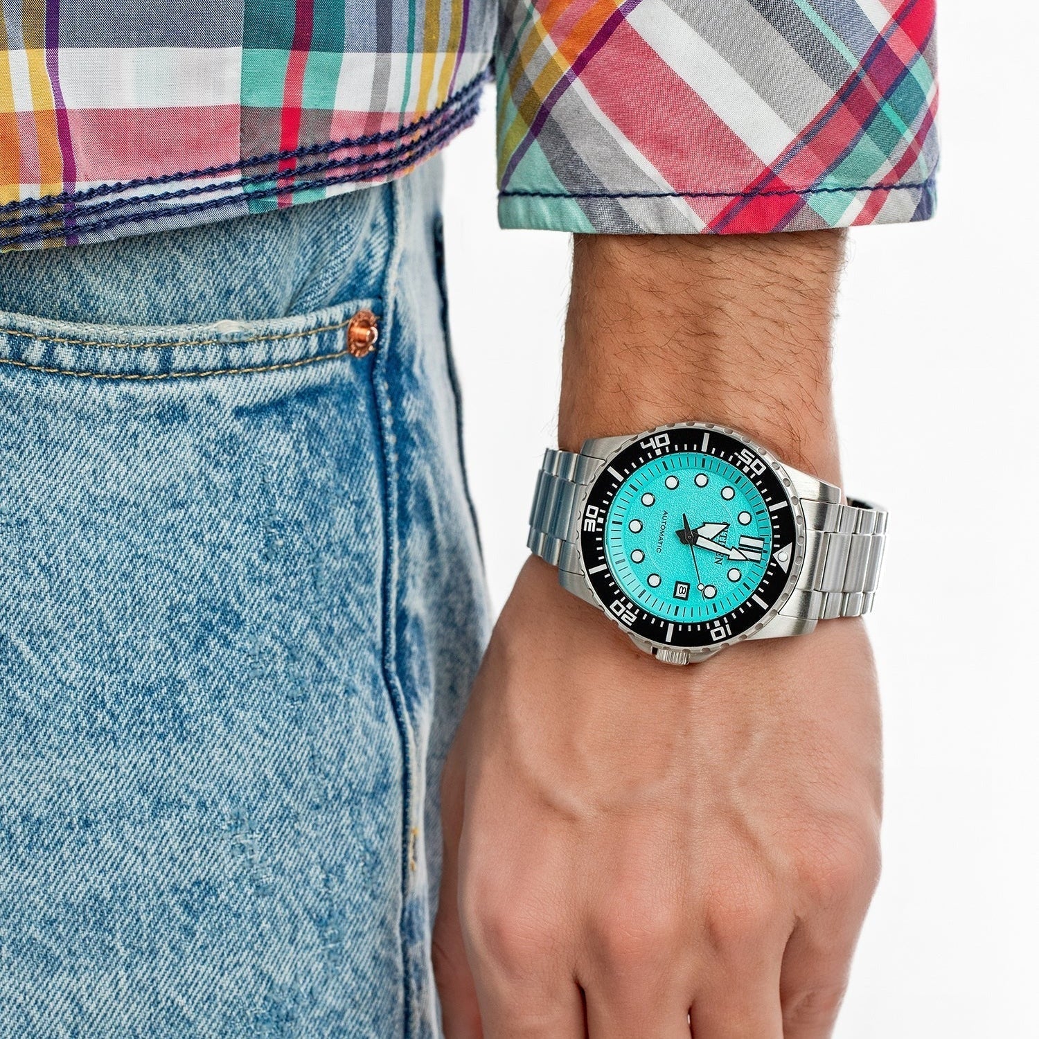 Citizen Mechanical Automatic Turquoise Dial Silver Steel Strap Watch for Men - NJ0170-83X