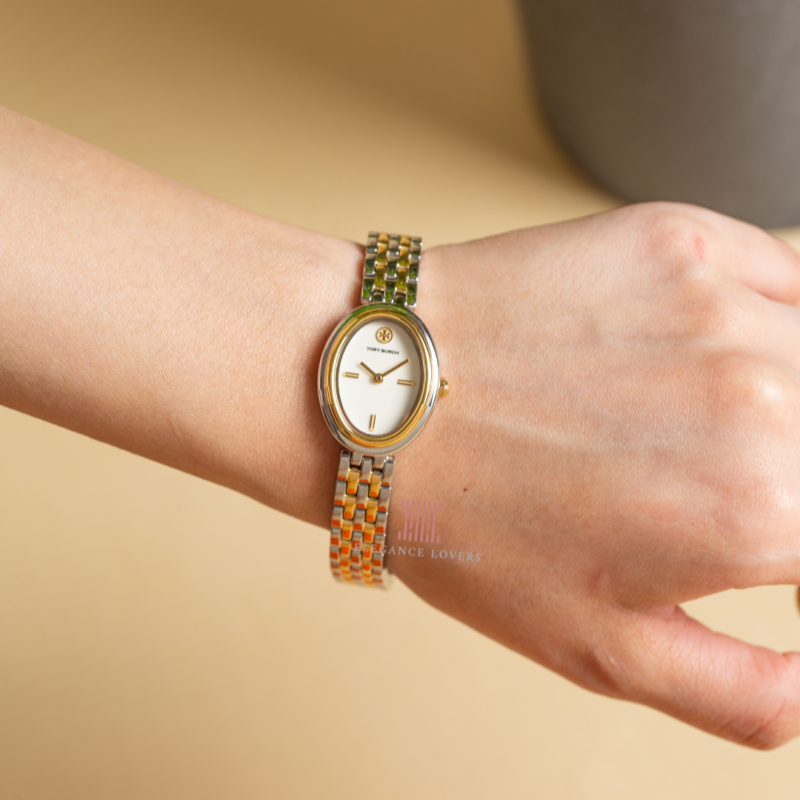 Tory Burch Oval White Dial Two Tone Steel Strap Watch for Women - TBW6033