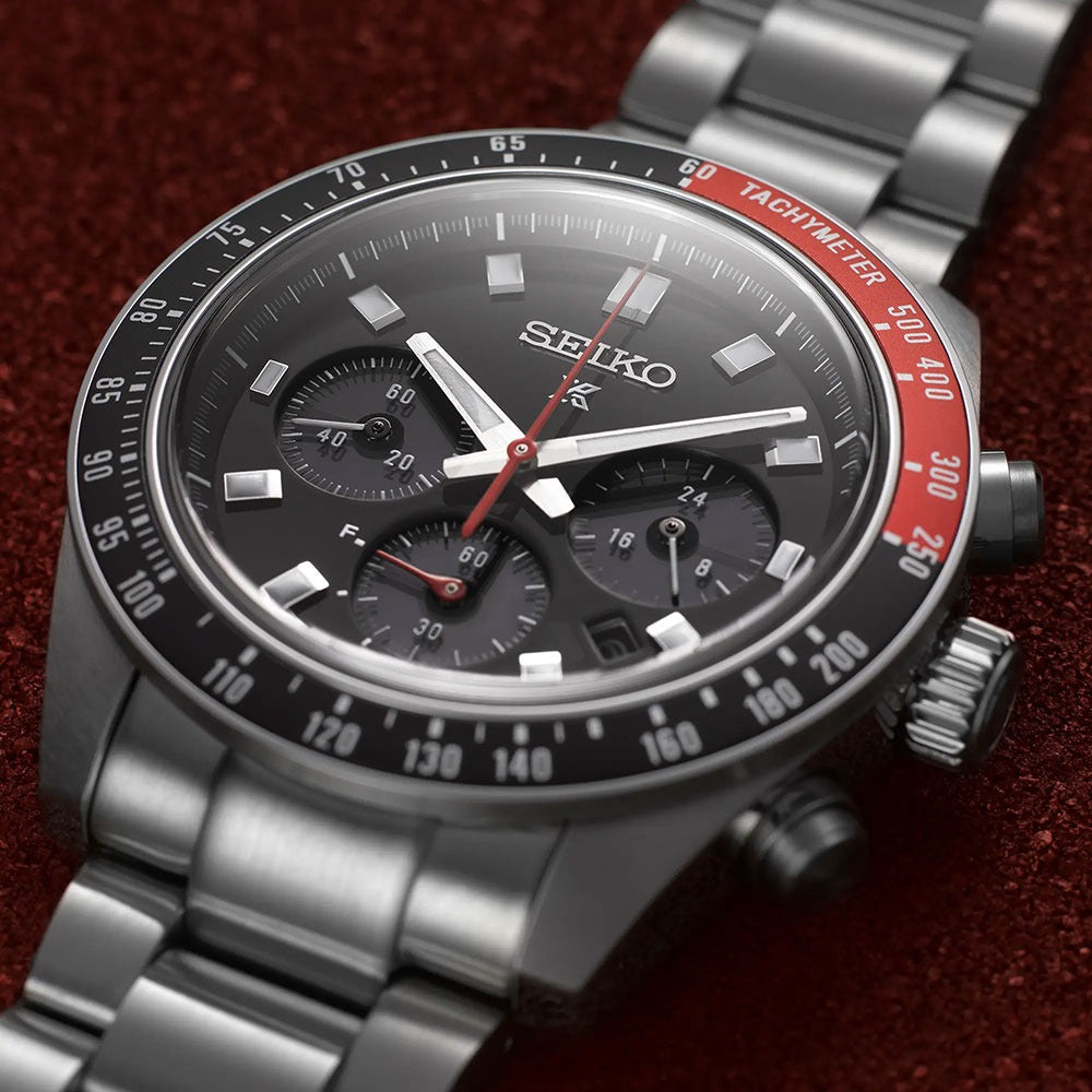 Seiko Prospex Speedtimer Solar Chronograph Black Dial Silver Steel Strap Watch for Men - SSC915