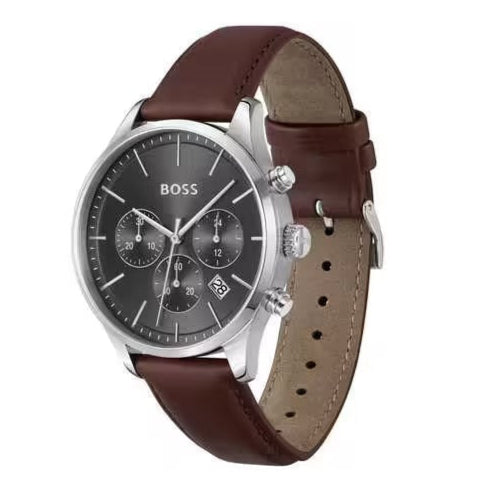 Hugo Boss Avery Chronograph Grey Dial Brown Leather Strap Watch for Men - 1514155
