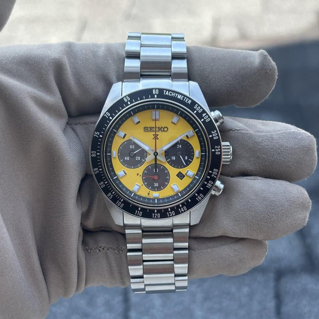 Seiko Prospex Speedtimer Solar Chronograph Yellow Dial Silver Steel Strap Watch for Men - SSC929