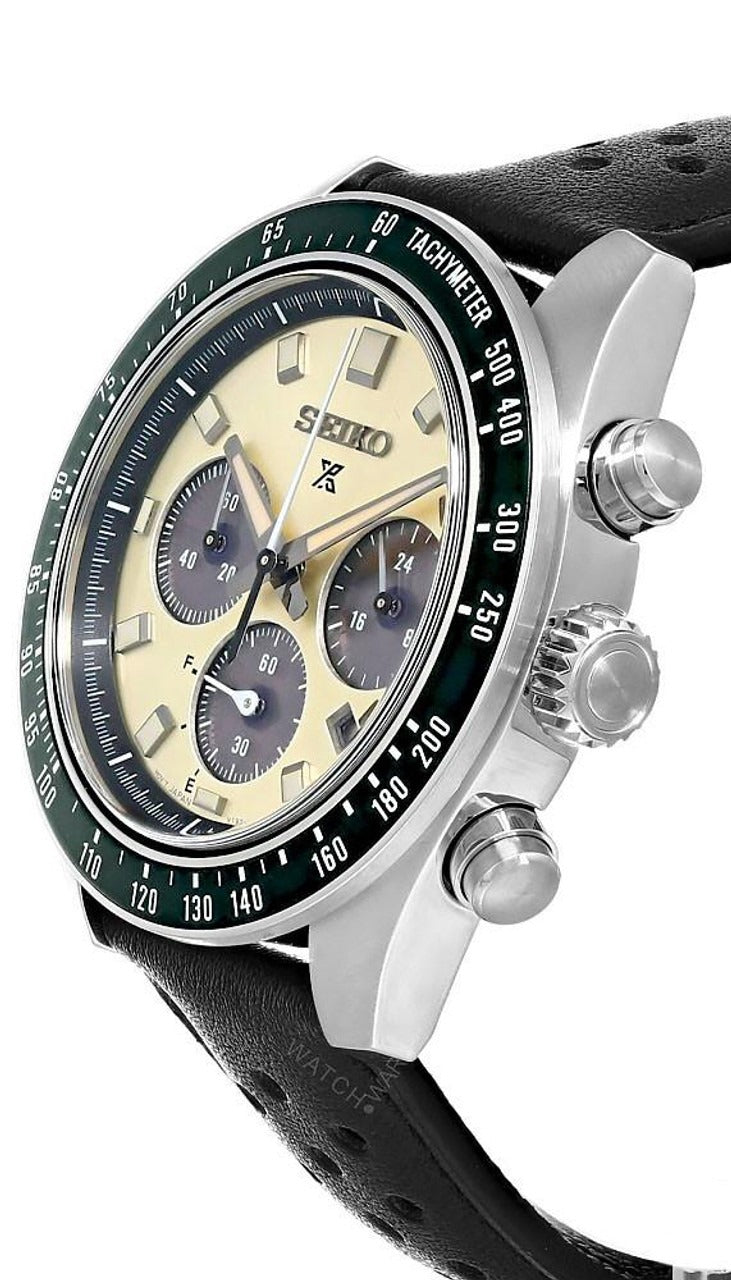 Seiko Prospex Speedtimer Solar Chronograph Ivory Dial Black Leather Strap Watch for Men - SSC943