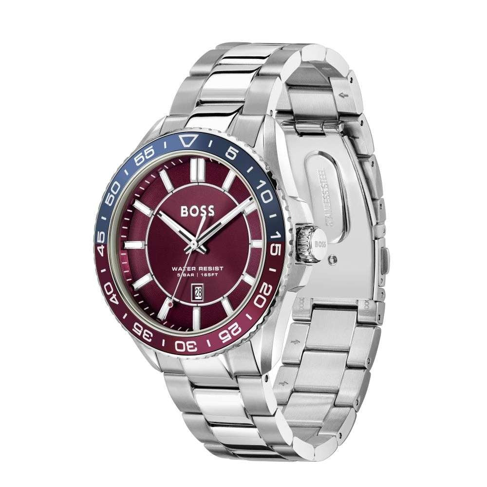 Hugo Boss Runner 3H Burgundy Dial Silver Steel Strap Watch for Men - 1514209