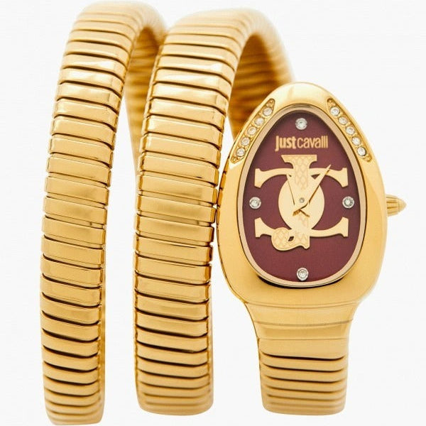 Just Cavalli Glam Evo 5 Red Dial Gold Steel Strap Watch for Women - JC1L228M0045