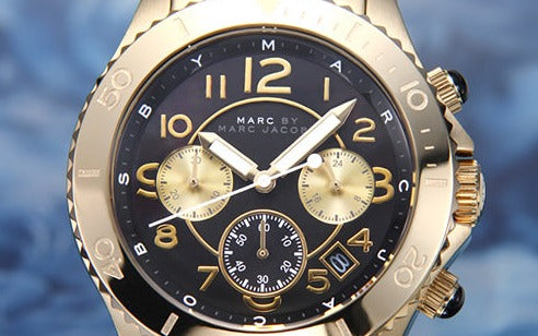 Marc Jacobs Rock Chronograph Black Dial Gold Steel Strap Watch for Women - MBM3253