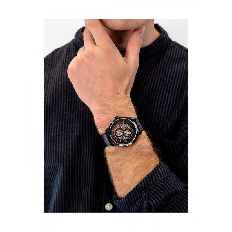 Tommy Hilfiger Spencer Skeleton Black Dial Black Mesh Bracelet Watch for Men - 1791644